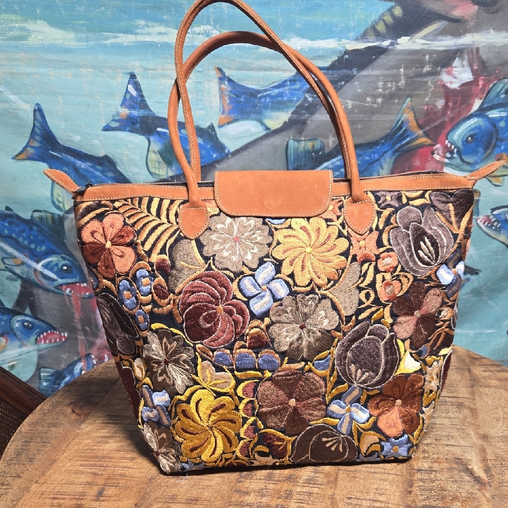 Embroidered Floral Tote Bag with Leather Accents